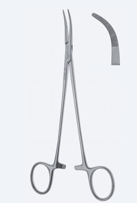 Зажими гемостатичні, Schnidt (Sawtell), для мигдалин, сильно вигнуті, зубч щелепи, з кремальєрою, довжина 180 мм. Бренд - Asanus Medizintechnik Gmb, Німеччина